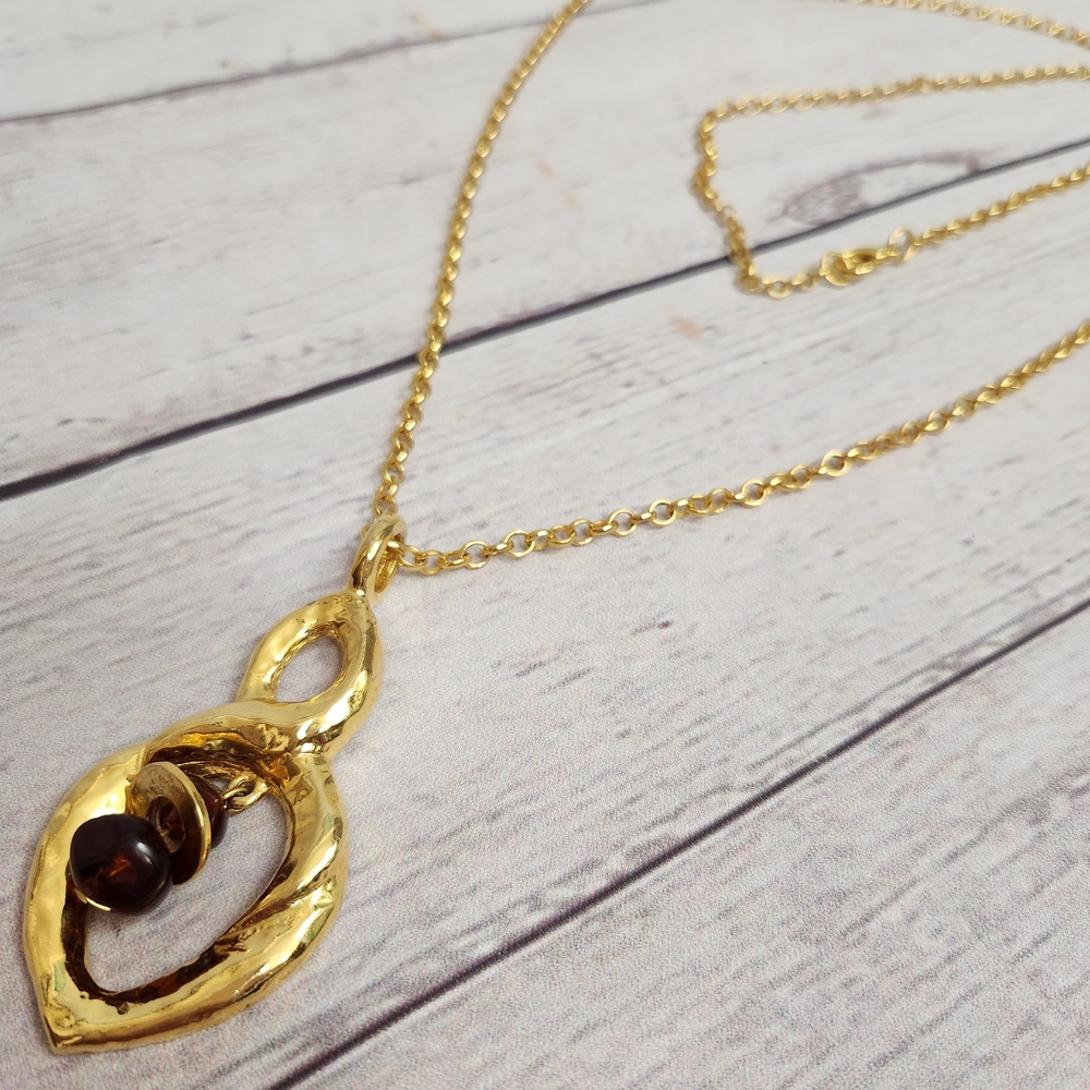 Gold-Tone Double Loop Pendant Necklace with Brown Accent Bead